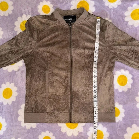 BNCI by Blanc Noir Women's Distressed Faux Suede Jacket Varsity Brown Zip Sz L - Picture 5 of 6
